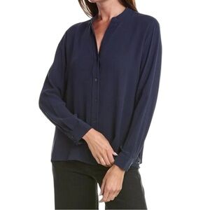 Eileen Fisher Womens Size XS Navy Blue Mandarin Collar Shirt Button Down